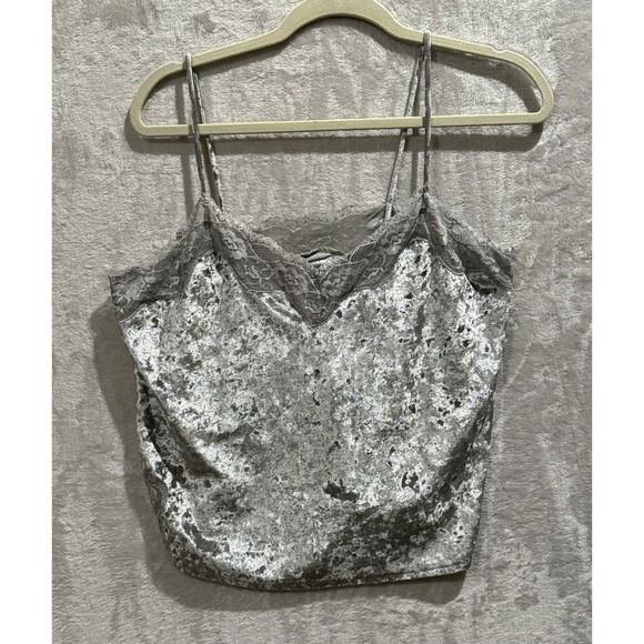 Valleygirl Silver Velvet Cami Tank Top Lace Trim Sleeveless Shirt Size L - Picture 1 of 6